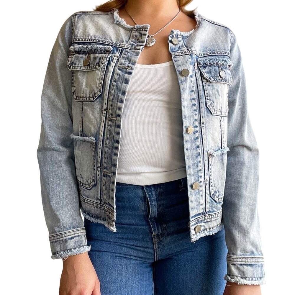 Wit & Wisdom Boho UrbanStreetwear Raw Hem Acid Wash Denim Jacket - Picture 2 of 13